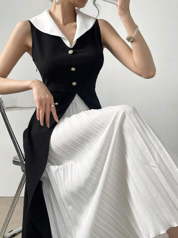 Buy SHEIN Modely Women's Elegant Contrast Color Pleated Sleeveless Dress For Summer in Pakistan