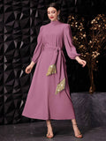 Buy SHEIN Modely Women's Elegant Stand Collar Lantern Sleeve Long Dress With Knotted Waist For Spring/Summer in Pakistan