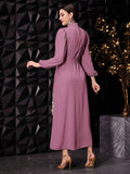 Buy SHEIN Modely Women's Elegant Stand Collar Lantern Sleeve Long Dress With Knotted Waist For Spring/Summer in Pakistan