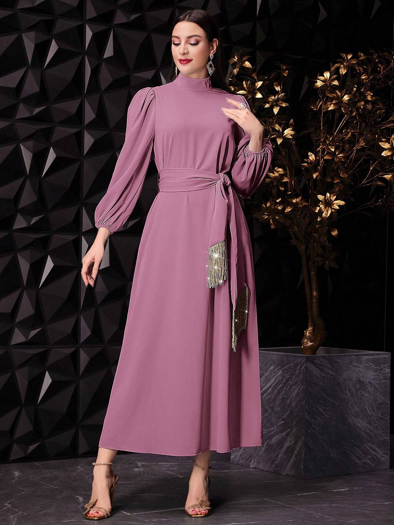 Buy SHEIN Modely Women's Elegant Stand Collar Lantern Sleeve Long Dress With Knotted Waist For Spring/Summer in Pakistan
