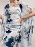Buy SHEIN Modely Women's Ink Printed Spaghetti Strap Dress And Jacket Two Piece Set in Pakistan