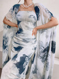 Buy SHEIN Modely Women's Ink Printed Spaghetti Strap Dress And Jacket Two Piece Set in Pakistan