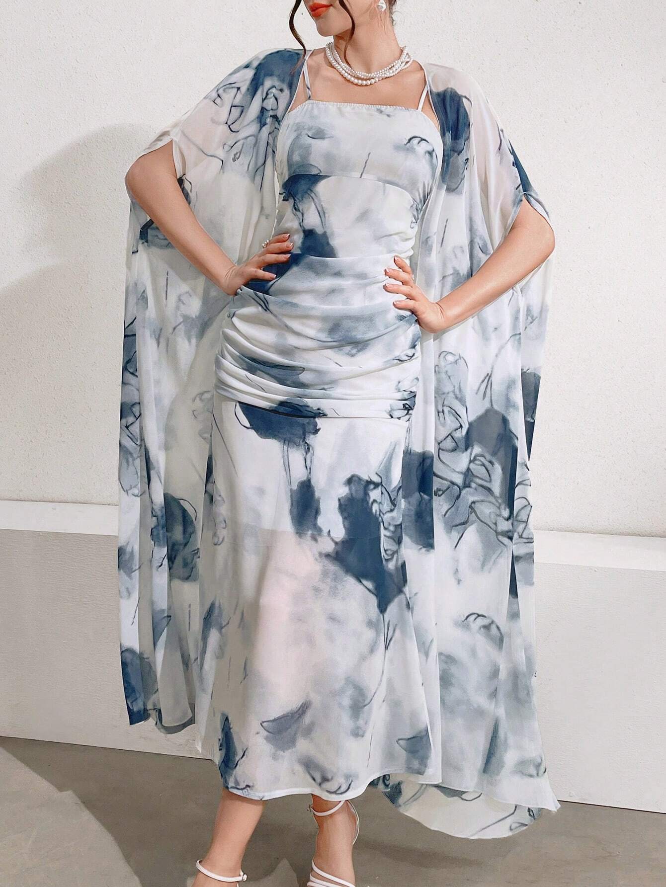 Buy SHEIN Modely Women's Ink Printed Spaghetti Strap Dress And Jacket Two Piece Set in Pakistan