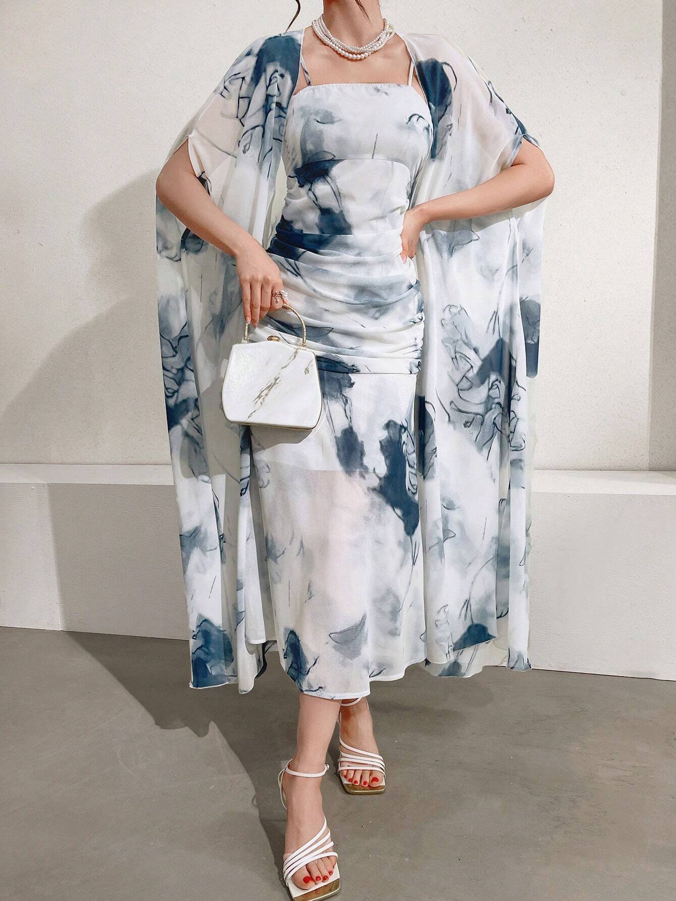 Buy SHEIN Modely Women's Ink Printed Spaghetti Strap Dress And Jacket Two Piece Set in Pakistan