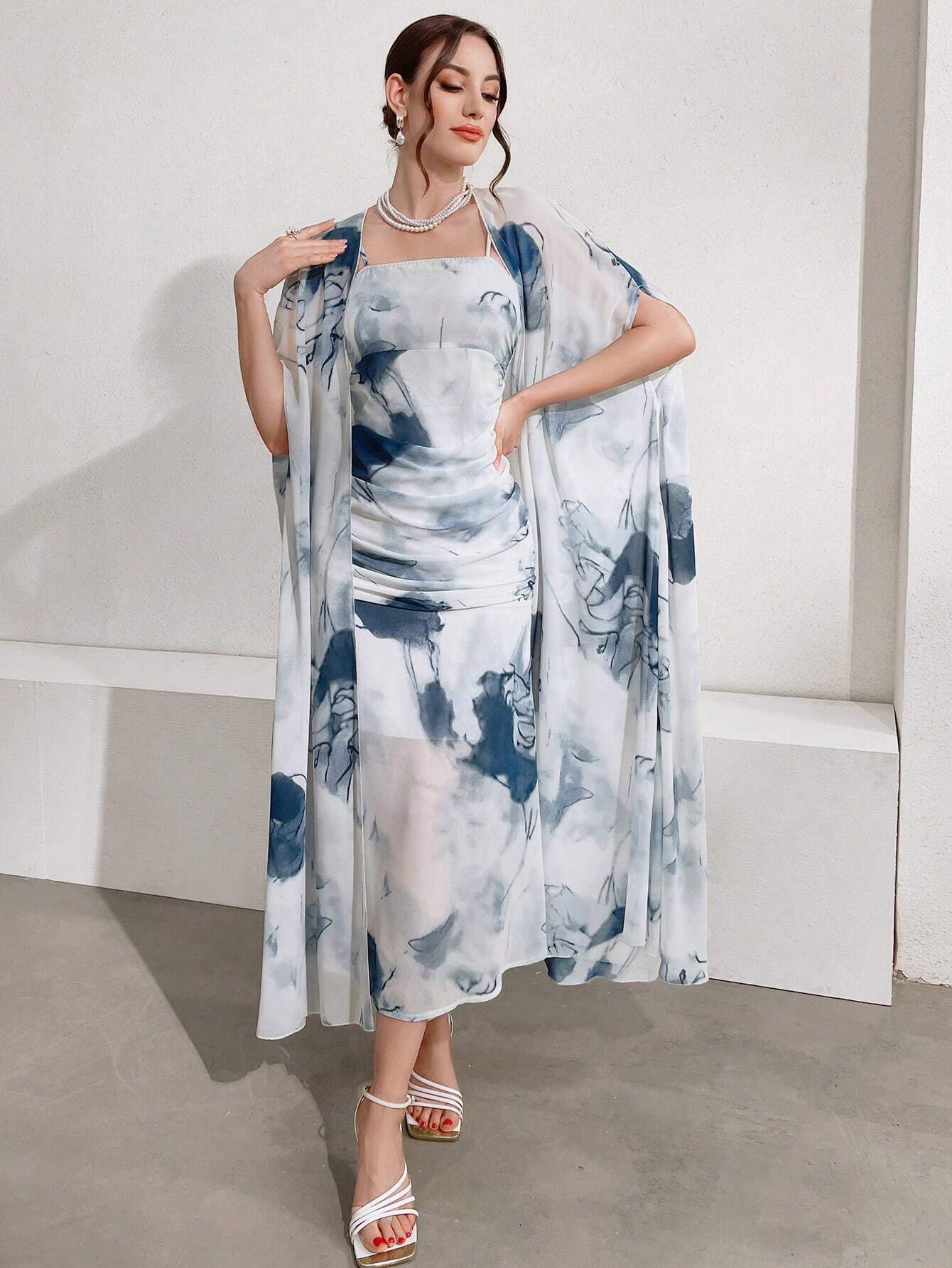 Buy SHEIN Modely Women's Ink Printed Spaghetti Strap Dress And Jacket Two Piece Set in Pakistan