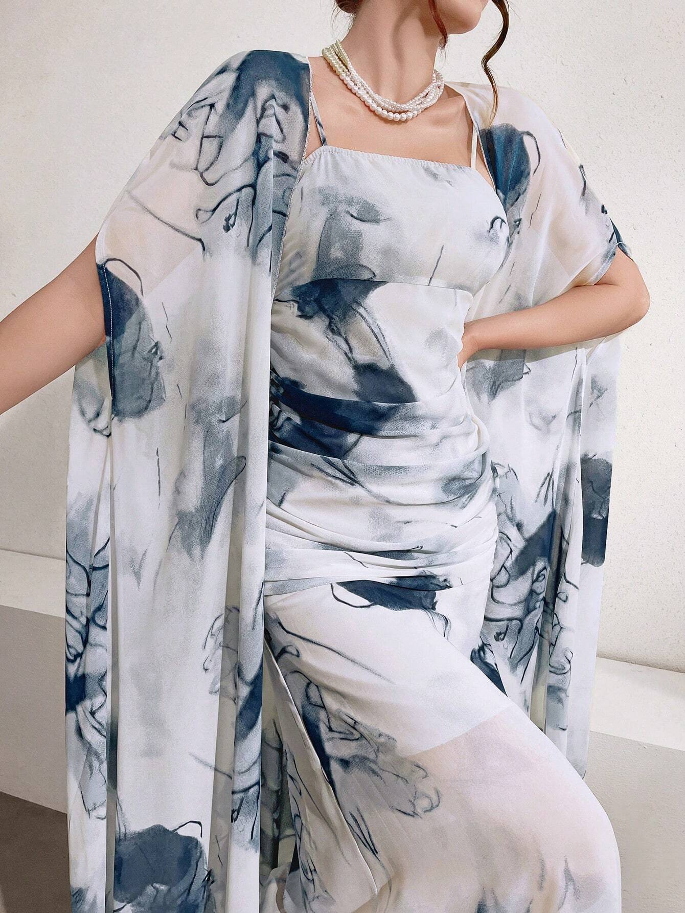 Buy SHEIN Modely Women's Ink Printed Spaghetti Strap Dress And Jacket Two Piece Set in Pakistan