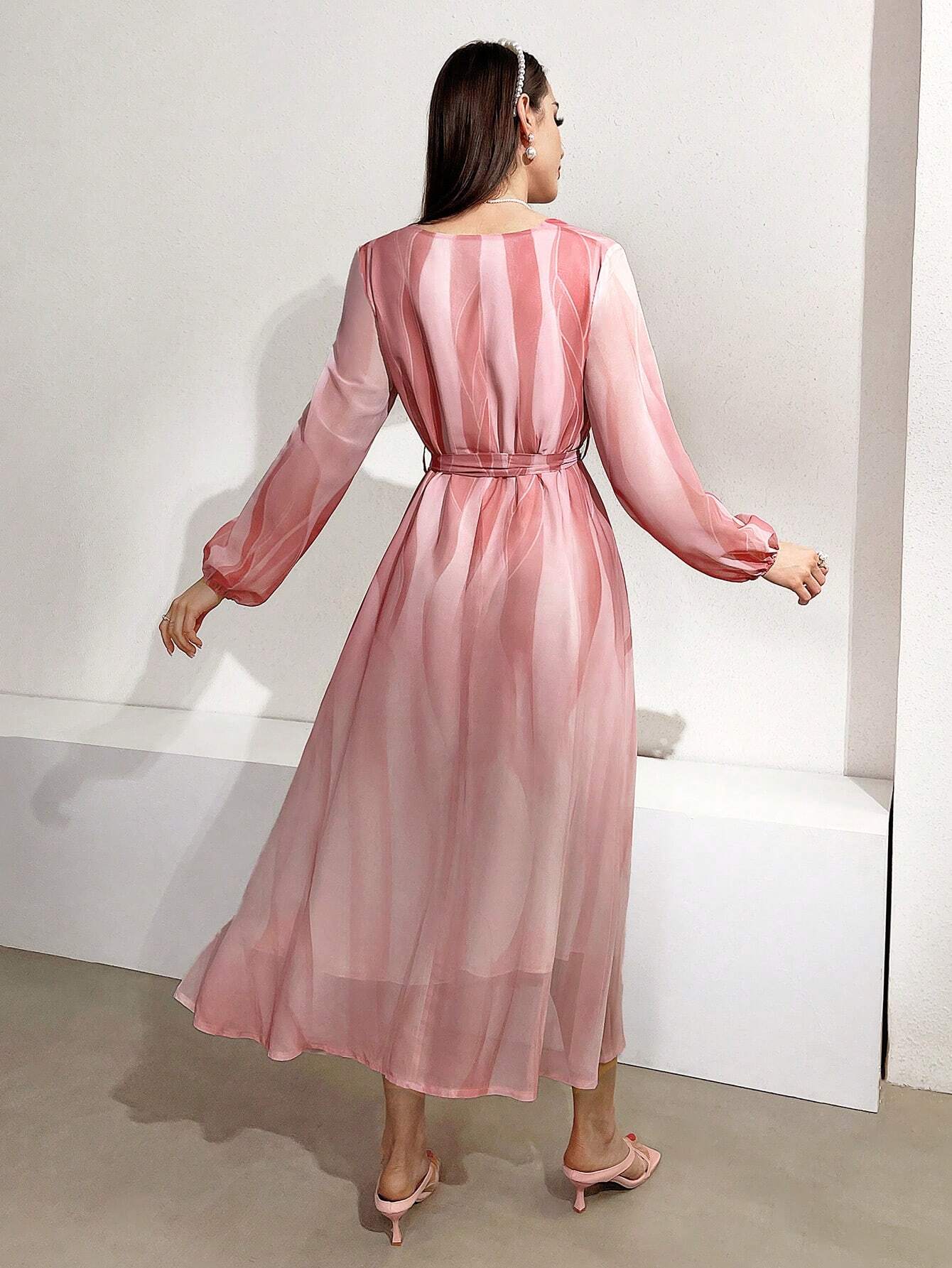 Buy SHEIN Modely Women's Lantern Sleeve Wrap Neck Belted Dress in Pakistan