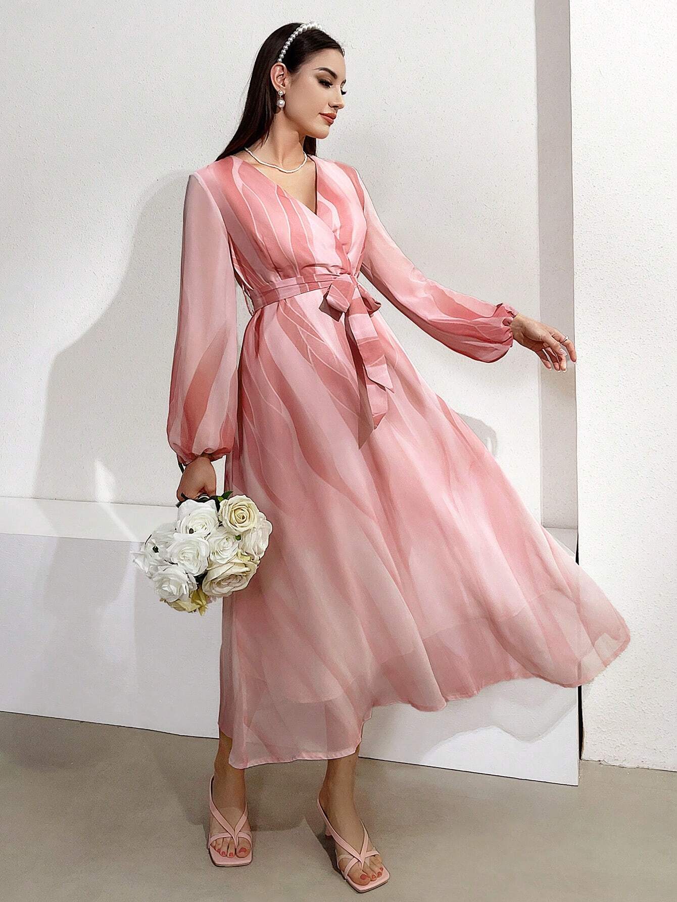 Buy SHEIN Modely Women's Lantern Sleeve Wrap Neck Belted Dress in Pakistan