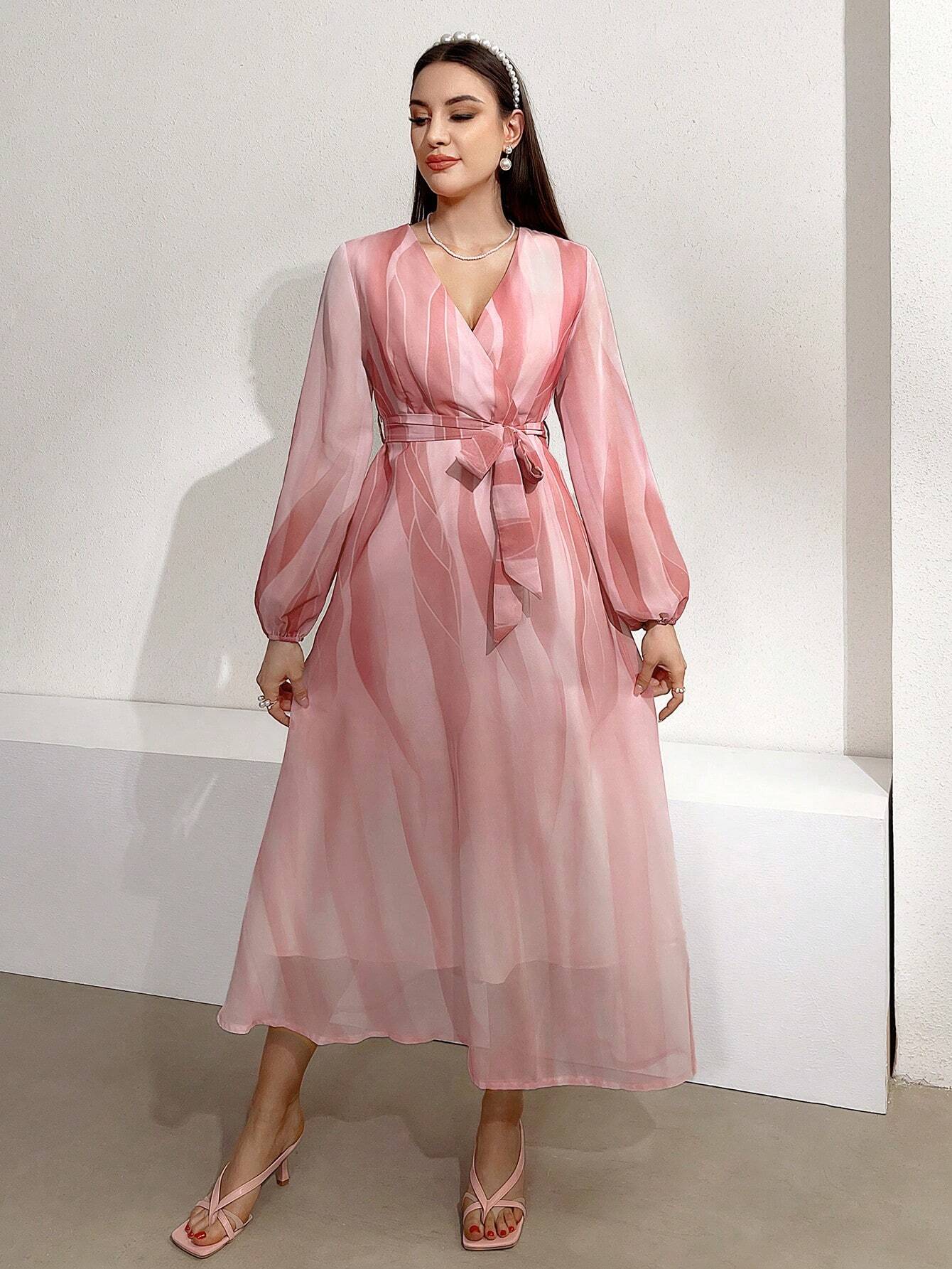 Buy SHEIN Modely Women's Lantern Sleeve Wrap Neck Belted Dress in Pakistan