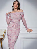 Buy SHEIN Modely Women's Off-Shoulder Floral Pattern Fitted Dress With Ruffles in Pakistan