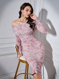 Buy SHEIN Modely Women's Off-Shoulder Floral Pattern Fitted Dress With Ruffles in Pakistan