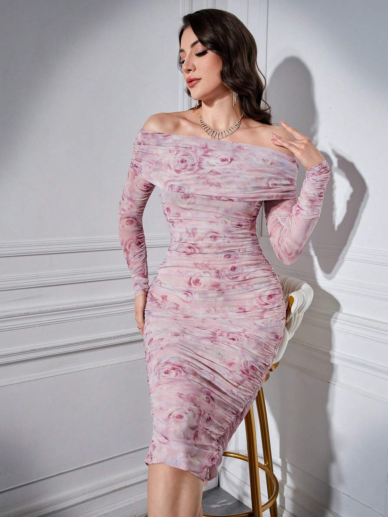 Buy SHEIN Modely Women's Off-Shoulder Floral Pattern Fitted Dress With Ruffles in Pakistan