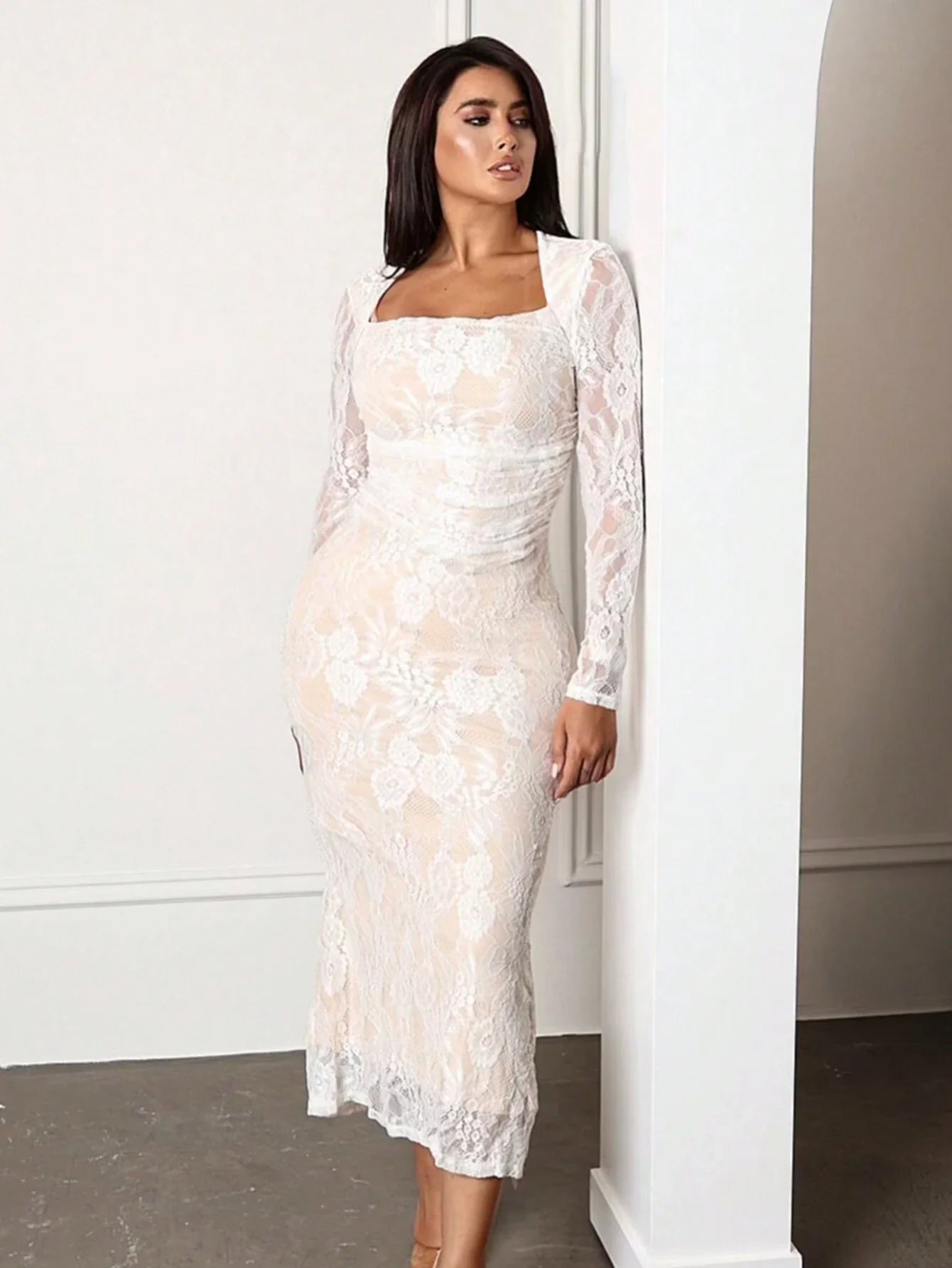 Buy SHEIN Modely Women's Solid Color Elegant Lace Decorated Long Sleeve Dress in Pakistan