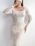 Buy SHEIN Modely Women's Solid Color Elegant Lace Decorated Long Sleeve Dress in Pakistan
