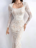 Buy SHEIN Modely Women's Solid Color Elegant Lace Decorated Long Sleeve Dress in Pakistan