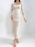 Buy SHEIN Modely Women's Solid Color Elegant Lace Decorated Long Sleeve Dress in Pakistan
