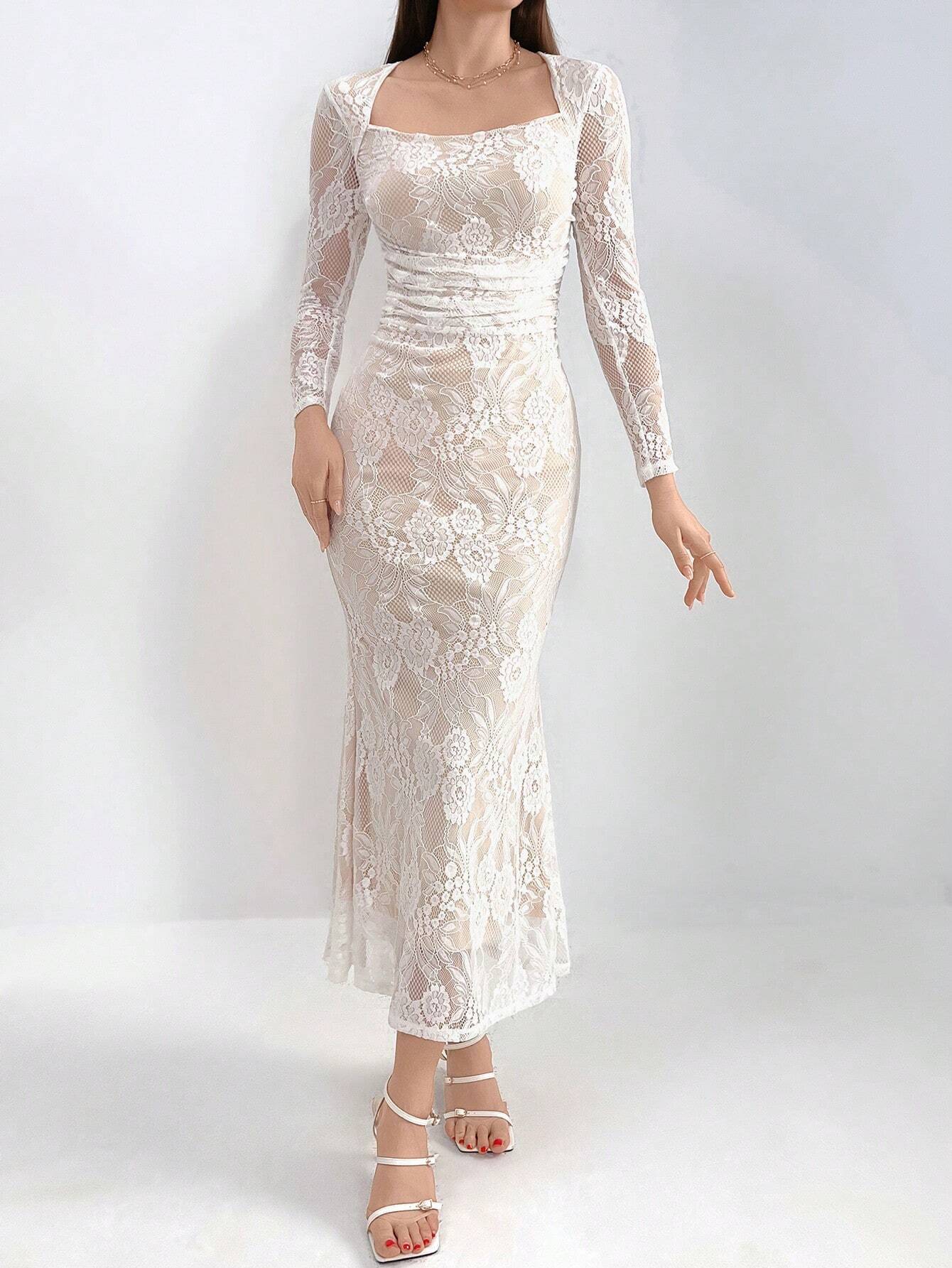 Buy SHEIN Modely Women's Solid Color Elegant Lace Decorated Long Sleeve Dress in Pakistan