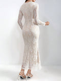 Buy SHEIN Modely Women's Solid Color Elegant Lace Decorated Long Sleeve Dress in Pakistan