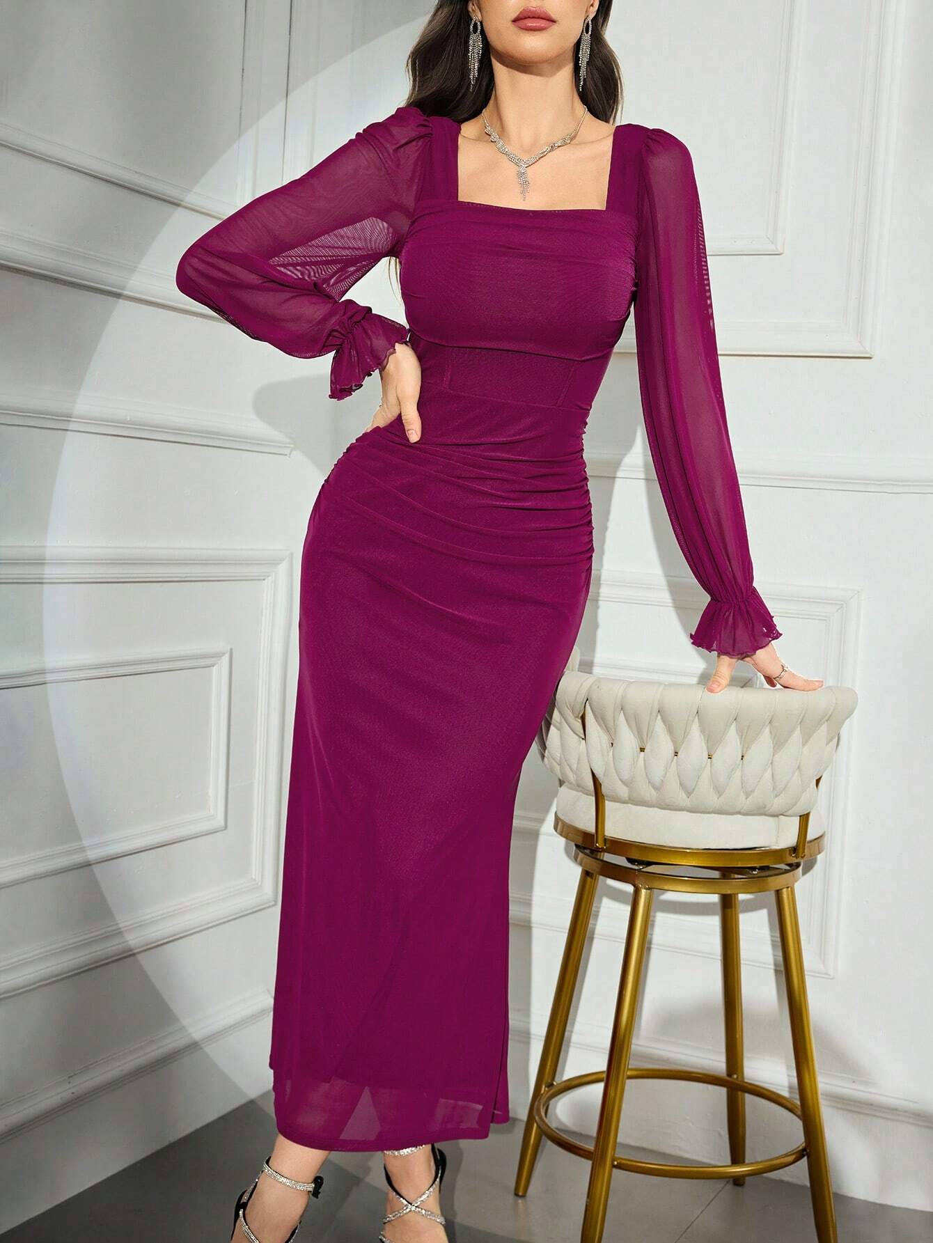 Buy SHEIN Modely Women's Solid Color Square Neck Long Sleeve Mesh Elegant Dress in Pakistan