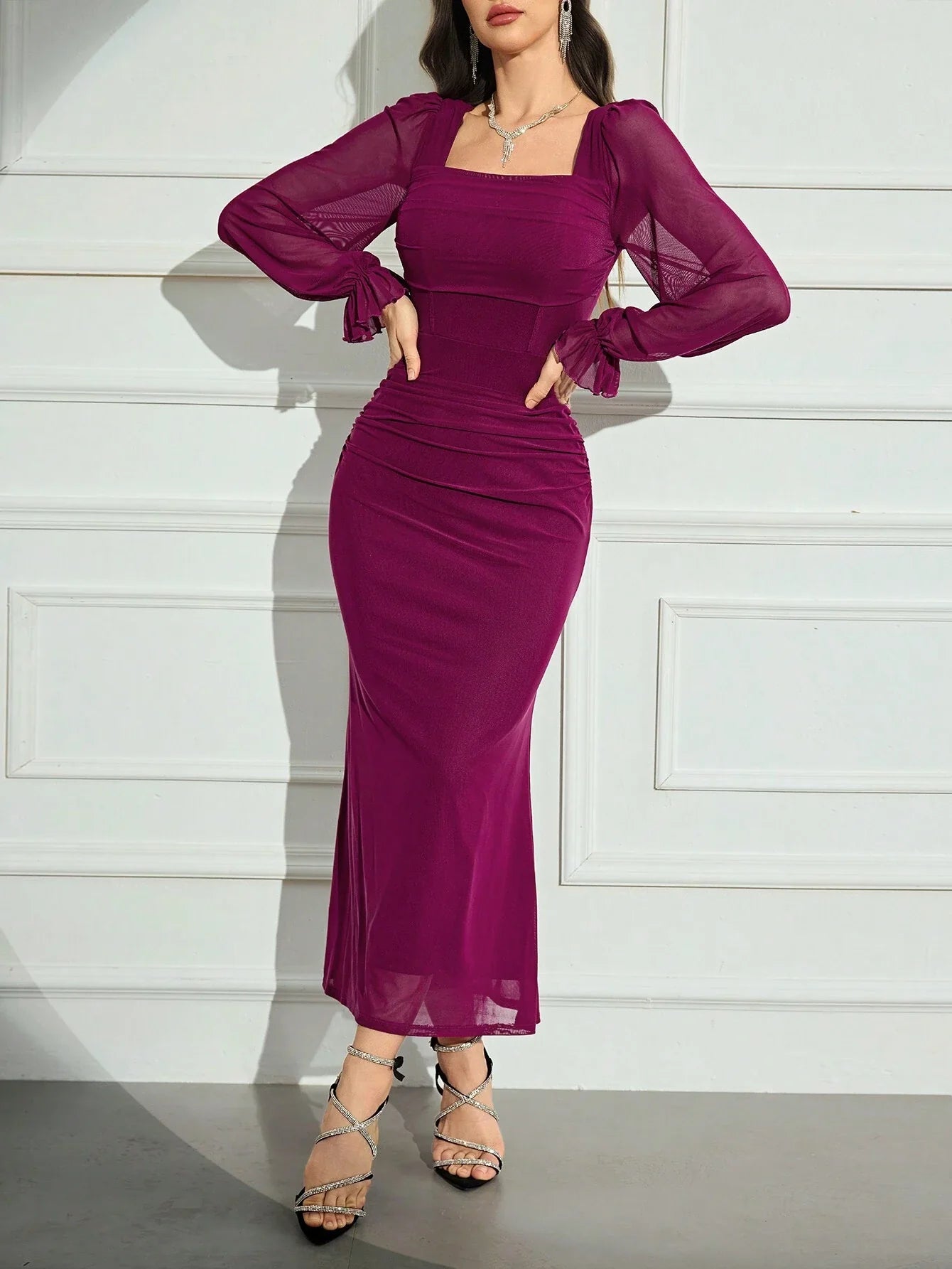 Buy SHEIN Modely Women's Solid Color Square Neck Long Sleeve Mesh Elegant Dress in Pakistan