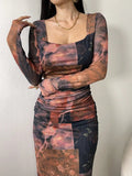 Buy SHEIN Modely Women's Square Neck Long Sleeve Full Print Fitted Elegant Charming Mesh Dress in Pakistan