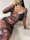 Buy SHEIN Modely Women's Square Neck Long Sleeve Full Print Fitted Elegant Charming Mesh Dress in Pakistan