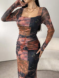 Buy SHEIN Modely Women's Square Neck Long Sleeve Full Print Fitted Elegant Charming Mesh Dress in Pakistan