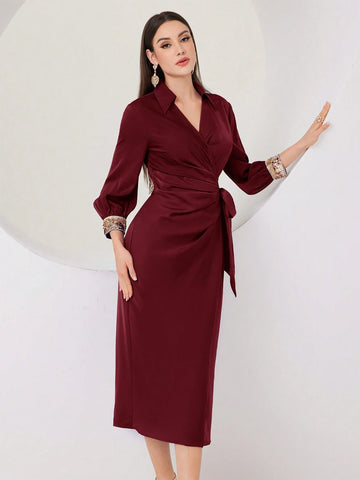 Buy SHEIN Modely Women's V-Neck Ribbon Pleated Long Sleeve Party Dress in Pakistan