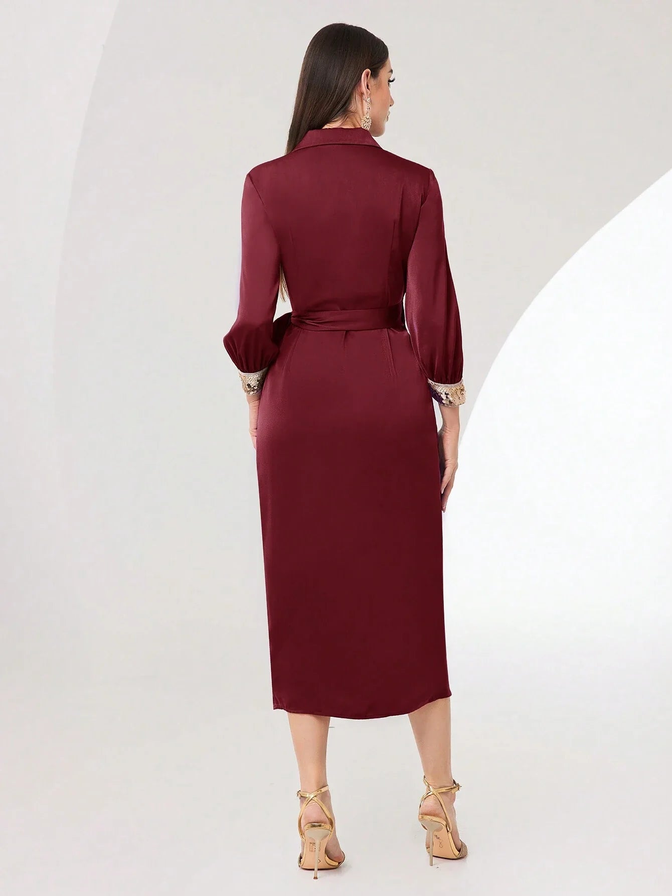 Buy SHEIN Modely Women's V-Neck Ribbon Pleated Long Sleeve Party Dress in Pakistan