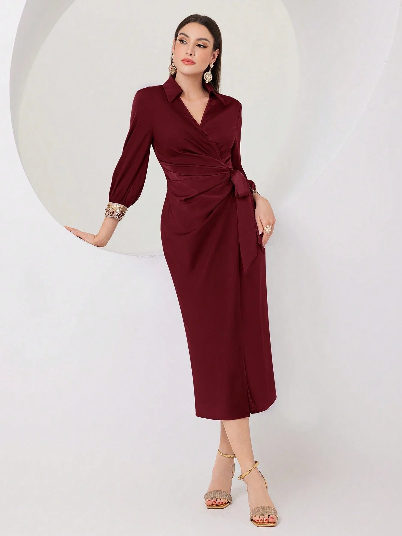 Buy SHEIN Modely Women's V-Neck Ribbon Pleated Long Sleeve Party Dress in Pakistan