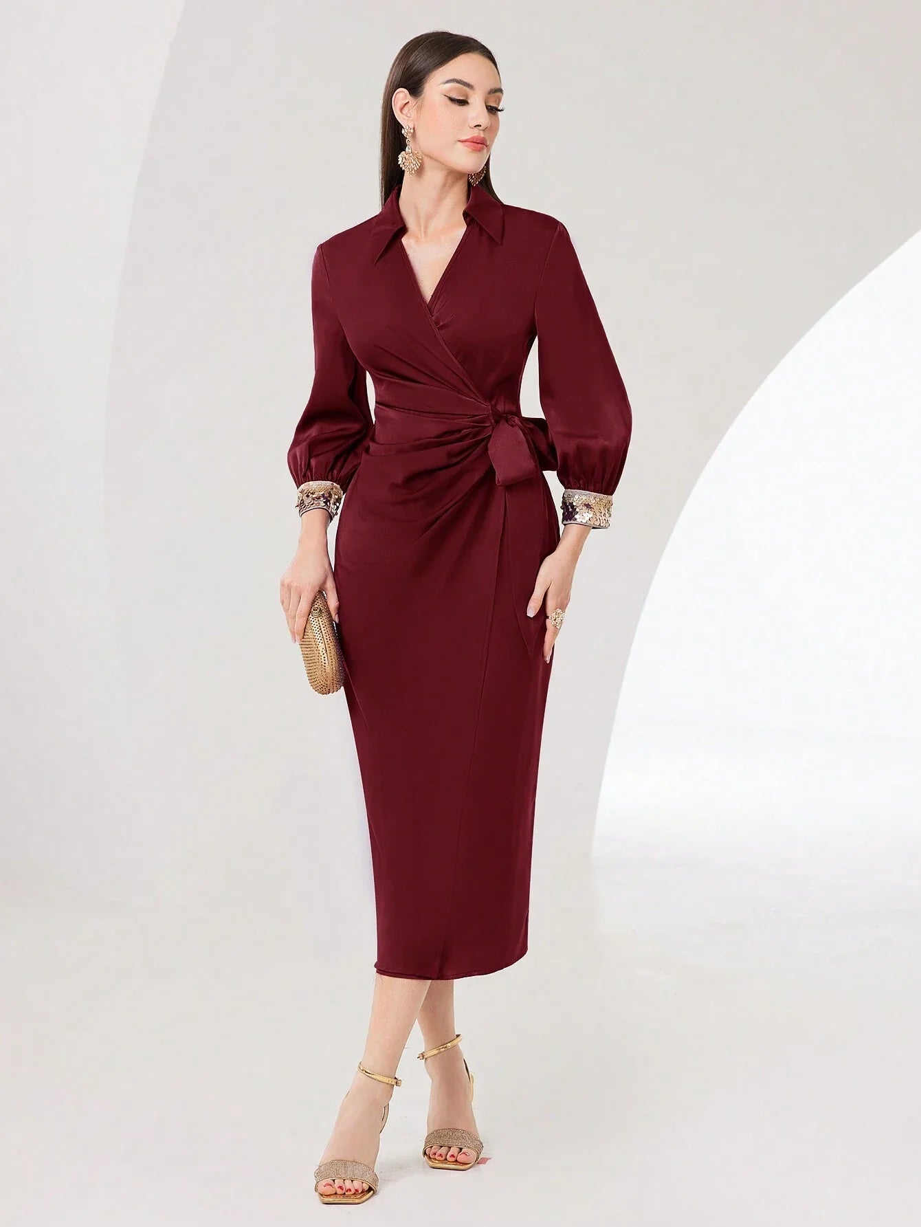 Buy SHEIN Modely Women's V-Neck Ribbon Pleated Long Sleeve Party Dress in Pakistan