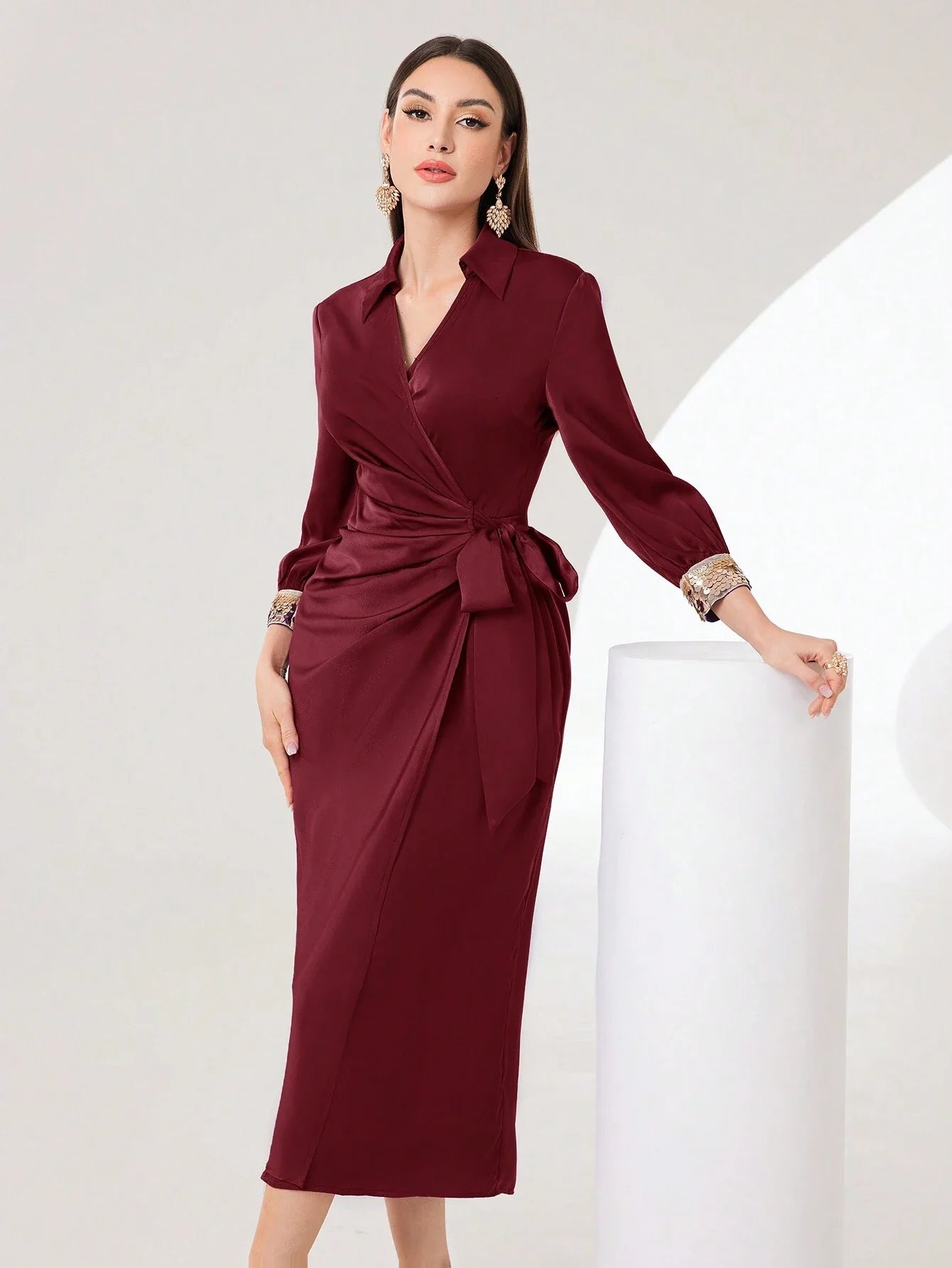 Buy SHEIN Modely Women's V-Neck Ribbon Pleated Long Sleeve Party Dress in Pakistan