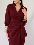 Buy SHEIN Modely Women's V-Neck Ribbon Pleated Long Sleeve Party Dress in Pakistan