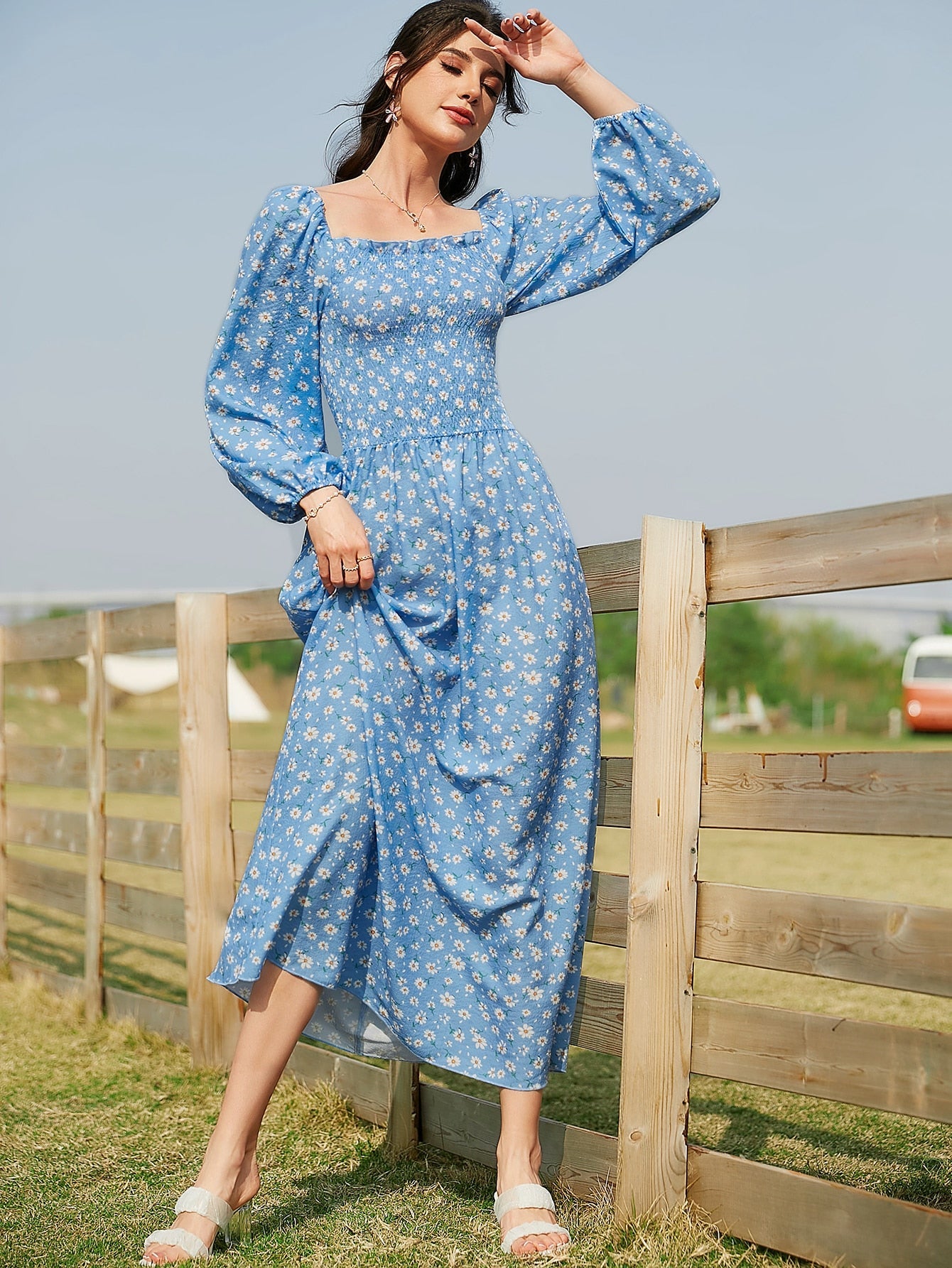 Buy SHEIN Mulvari Ditsy Floral Print Shirred Dress in Pakistan