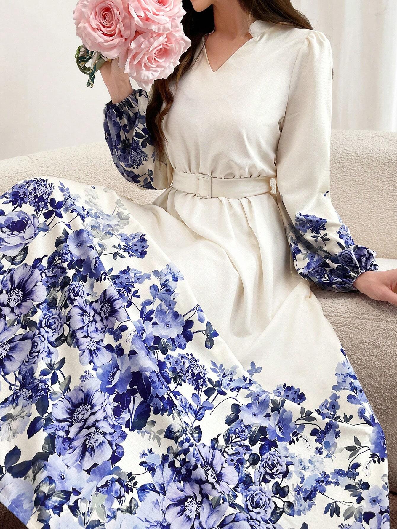 Buy SHEIN Mulvari Notch Neck Belted Long Sleeve Modest Dress With Floral Print in Pakistan