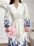 Buy SHEIN Mulvari Notch Neck Belted Long Sleeve Modest Dress With Floral Print in Pakistan