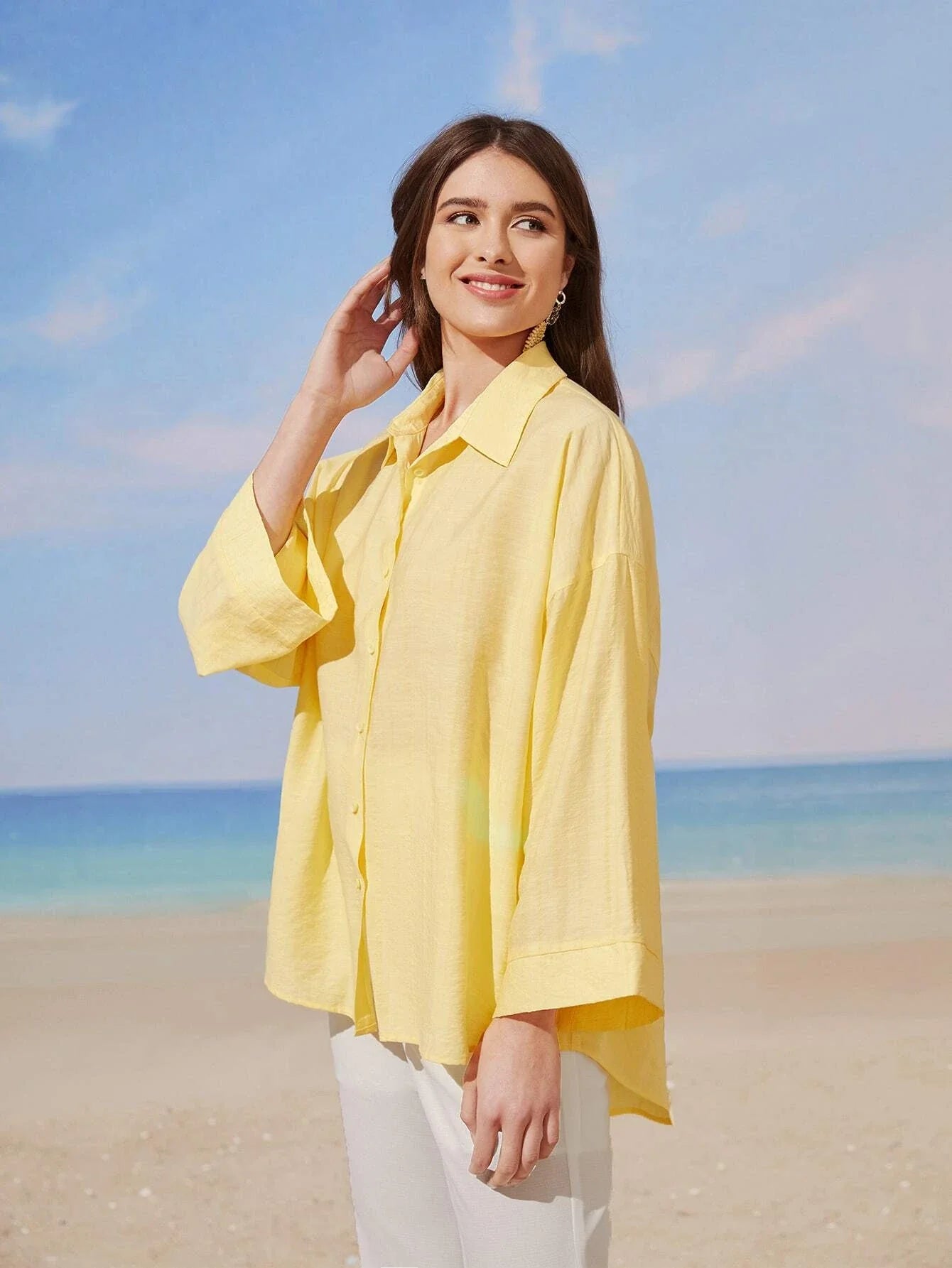 Buy SHEIN Mulvari Solid Drop Shoulder Shirt in Pakistan
