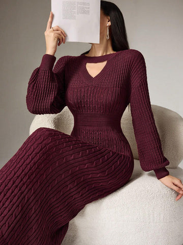Buy SHEIN Mulvari Women Casual Solid Color Hollow Out Lantern Sleeve Slim Fit Maxi Sweater Dress in Pakistan