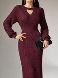 Buy SHEIN Mulvari Women Casual Solid Color Hollow Out Lantern Sleeve Slim Fit Maxi Sweater Dress in Pakistan