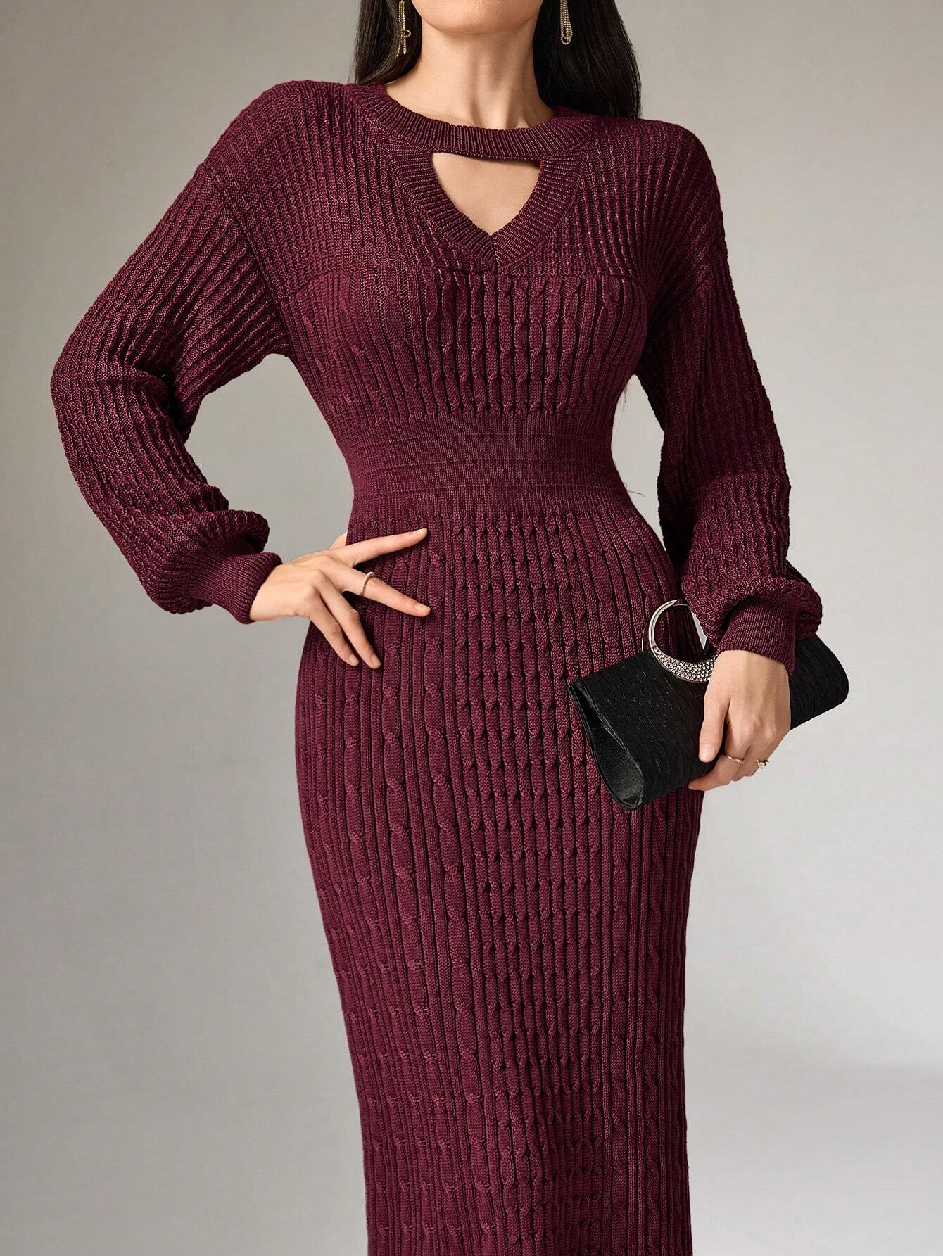 Buy SHEIN Mulvari Women Casual Solid Color Hollow Out Lantern Sleeve Slim Fit Maxi Sweater Dress in Pakistan