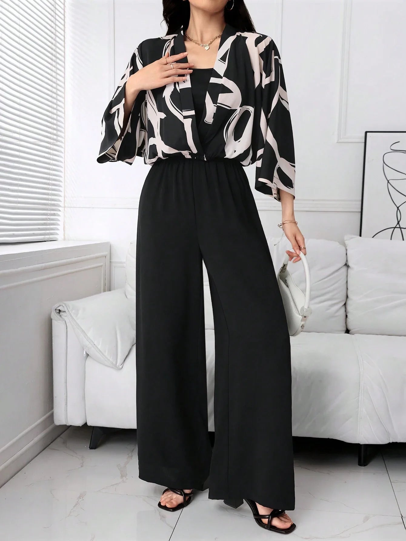 Buy SHEIN Mulvari Women's Random Print Top, Solid Color Camisole, And Jumpsuit 3-Piece Set in Pakistan