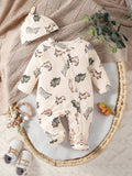 Buy SHEIN Newborn Apricot Color Cute Dinosaur Allover Print Long Sleeve Jumpsuit With Hat And Gloves Set, Casual Romper in Pakistan