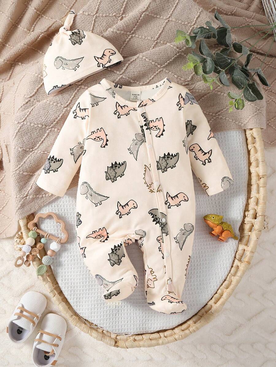 Buy SHEIN Newborn Apricot Color Cute Dinosaur Allover Print Long Sleeve Jumpsuit With Hat And Gloves Set, Casual Romper in Pakistan
