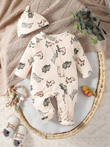 Buy SHEIN Newborn Apricot Color Cute Dinosaur Allover Print Long Sleeve Jumpsuit With Hat And Gloves Set, Casual Romper in Pakistan