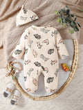 Buy SHEIN Newborn Apricot Color Cute Dinosaur Allover Print Long Sleeve Jumpsuit With Hat And Gloves Set, Casual Romper in Pakistan