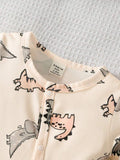 Buy SHEIN Newborn Apricot Color Cute Dinosaur Allover Print Long Sleeve Jumpsuit With Hat And Gloves Set, Casual Romper in Pakistan