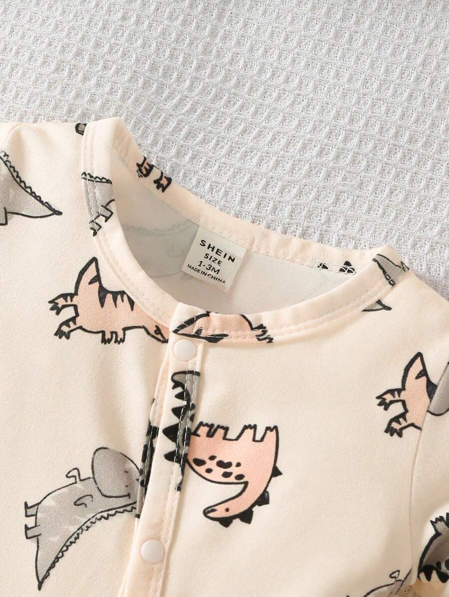 Buy SHEIN Newborn Apricot Color Cute Dinosaur Allover Print Long Sleeve Jumpsuit With Hat And Gloves Set, Casual Romper in Pakistan