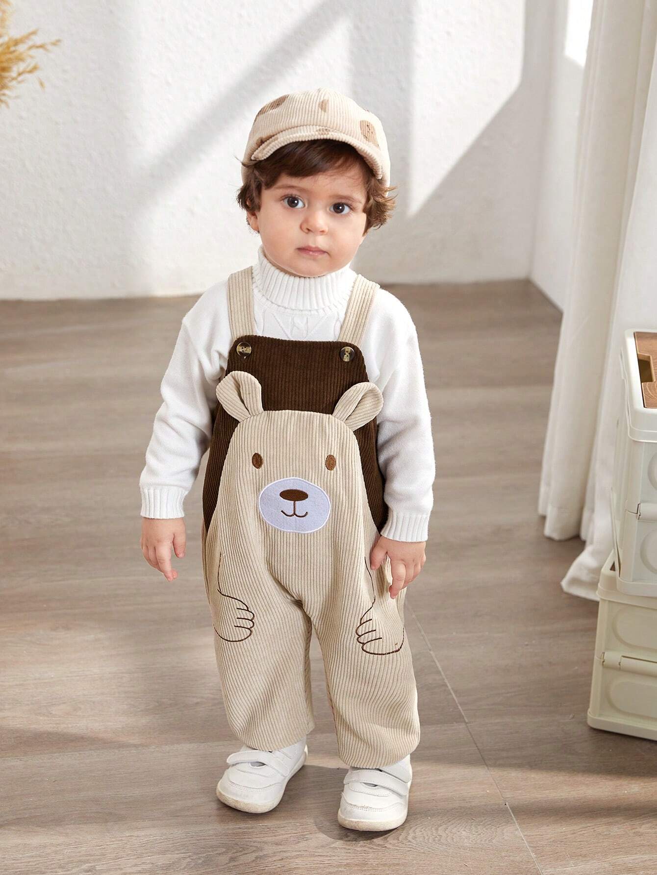 Buy SHEIN Newborn Baby Boy Cartoon Bear Embroidered Contrast Color Bib & Pants Romper in Pakistan