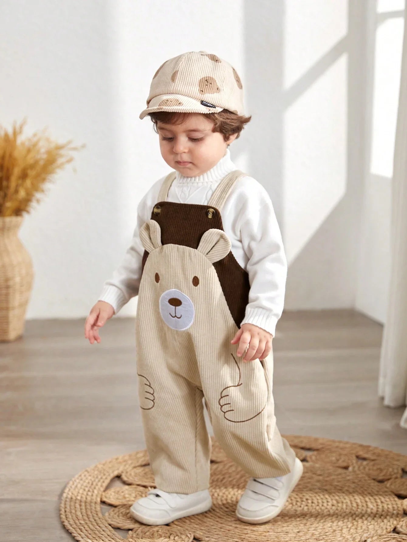 Buy SHEIN Newborn Baby Boy Cartoon Bear Embroidered Contrast Color Bib & Pants Romper in Pakistan