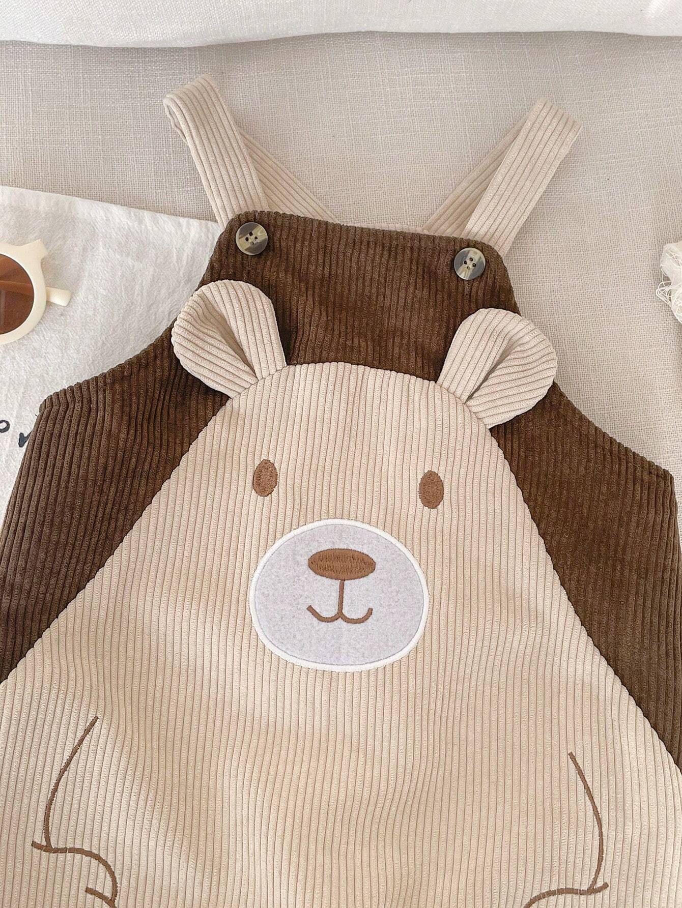 Buy SHEIN Newborn Baby Boy Cartoon Bear Embroidered Contrast Color Bib & Pants Romper in Pakistan